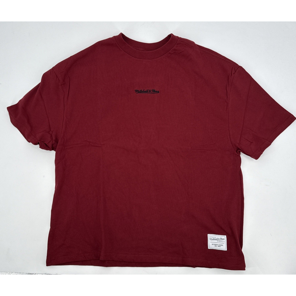 Mitchell & Ness Mens T Shirt Branded Script Burgundy Oversized Fit Medium